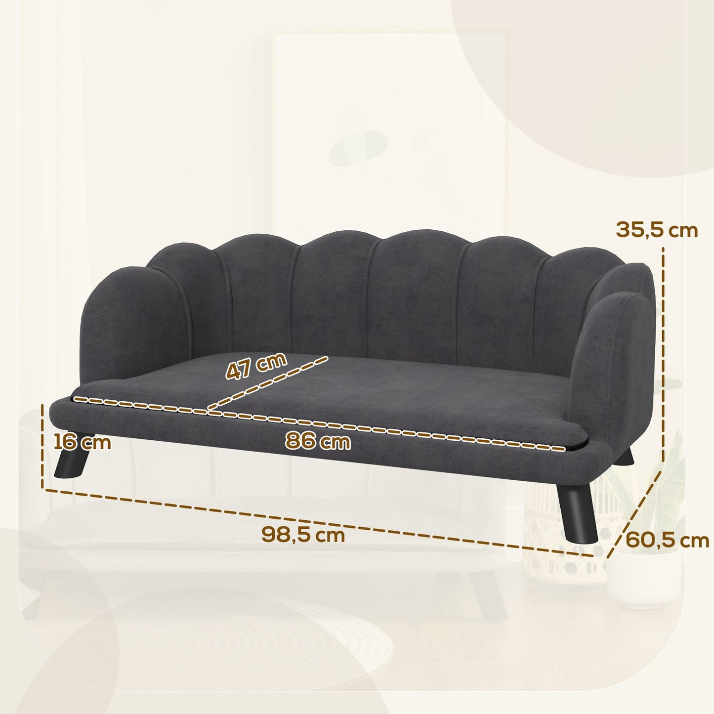 Luxury dog sofa, dark grey, wooden legs, 98.5x60.5x35.5 cm