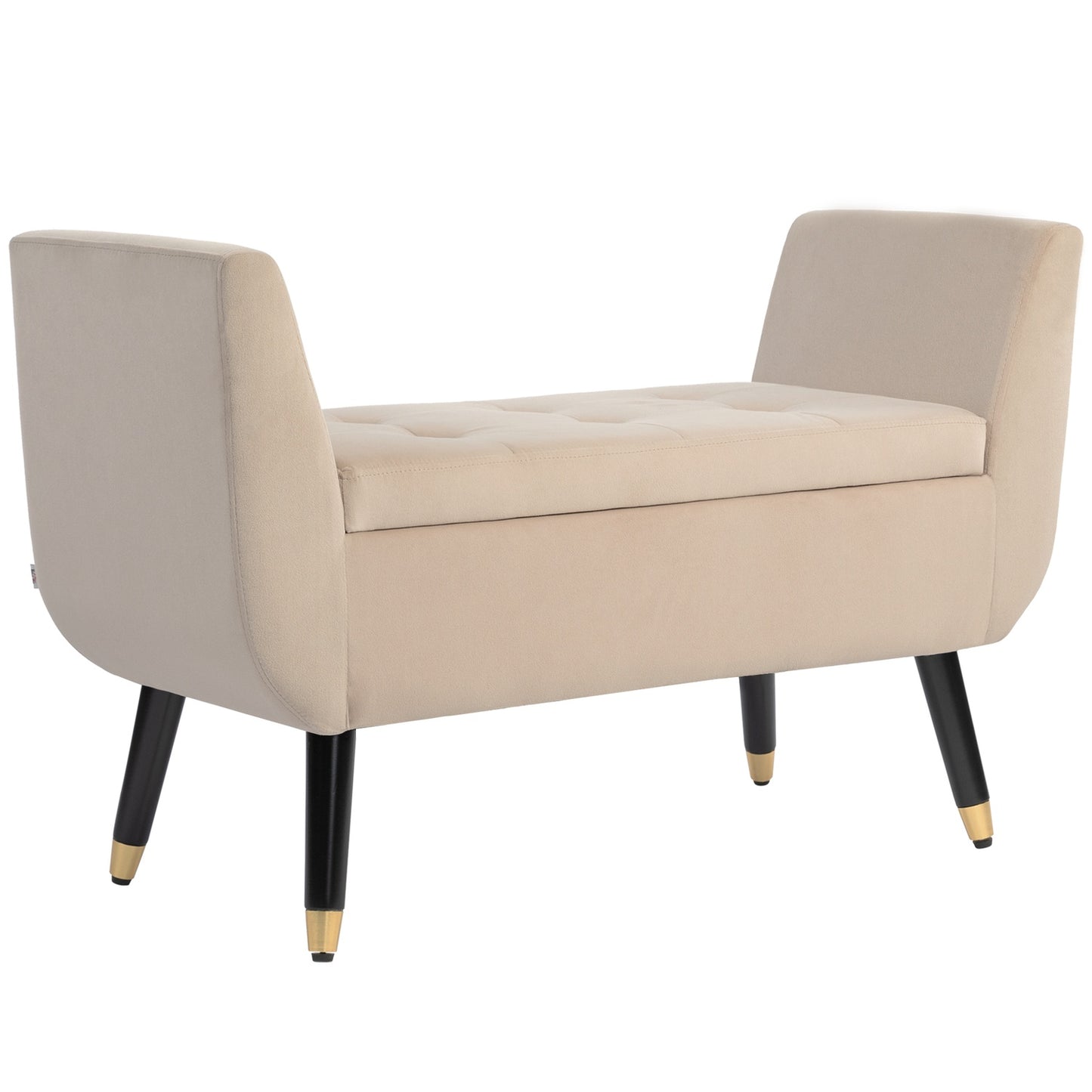 Beige upholstered storage bench with armrests - velvet finish
