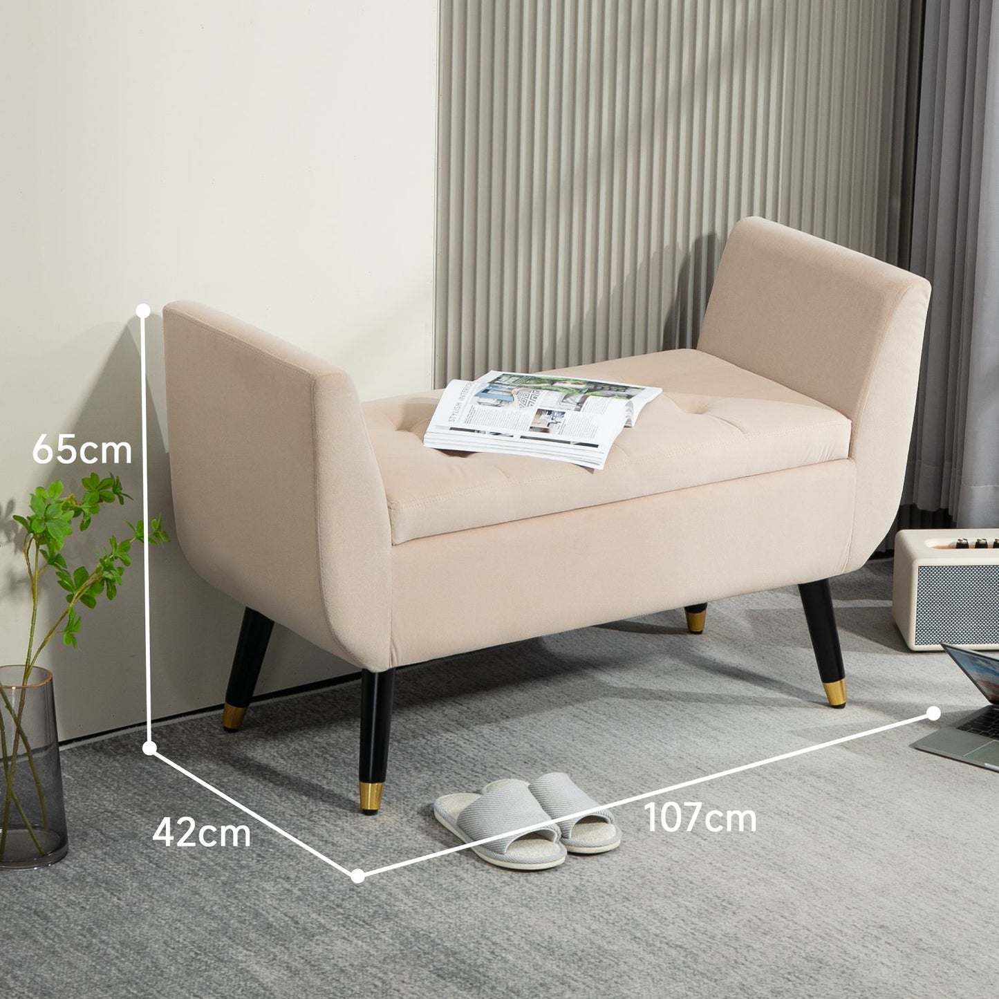 Beige upholstered storage bench with armrests - velvet finish
