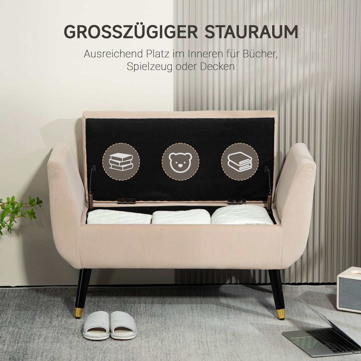 Beige upholstered storage bench with armrests - velvet finish