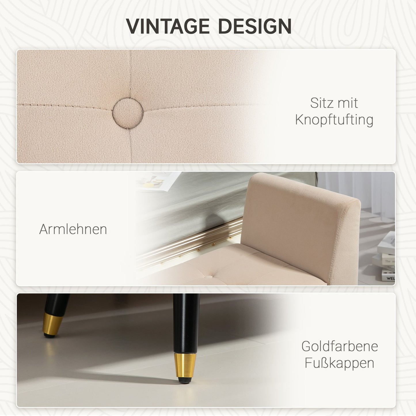 Beige upholstered storage bench with armrests - velvet finish