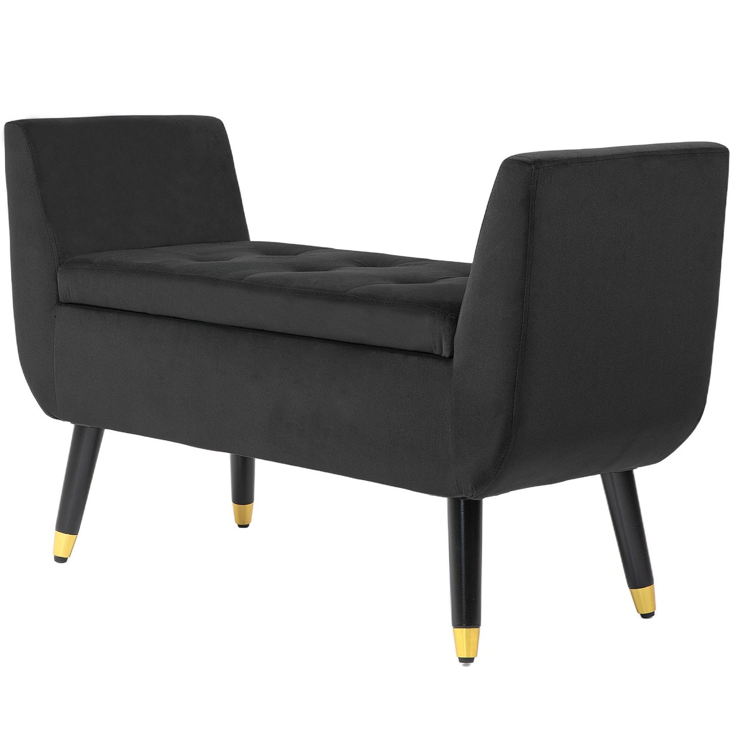 Dark gray velvet upholstered storage bench with armrests
