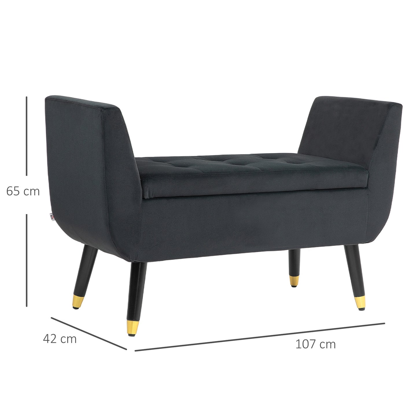 Dark gray velvet upholstered storage bench with armrests