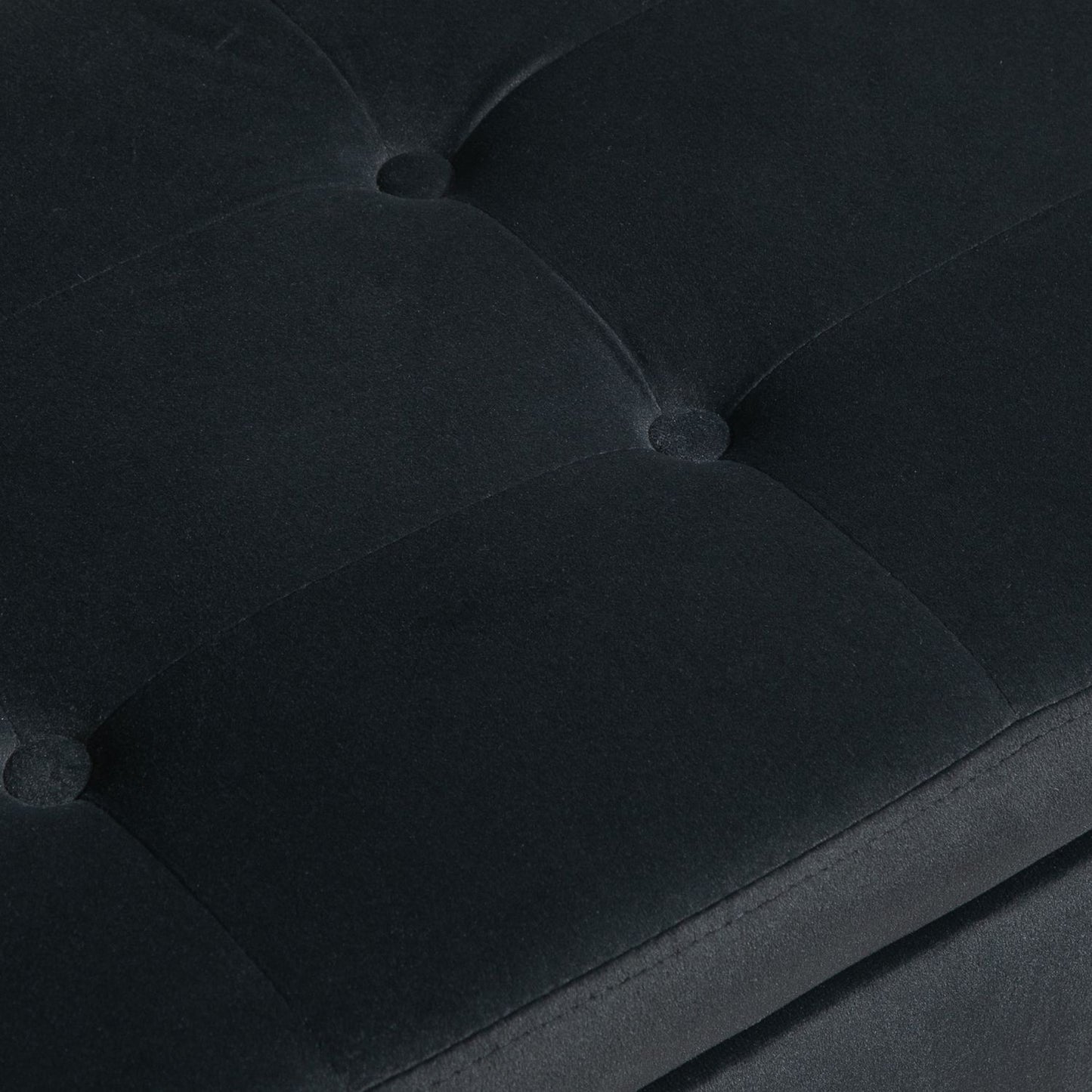 Dark gray velvet upholstered storage bench with armrests