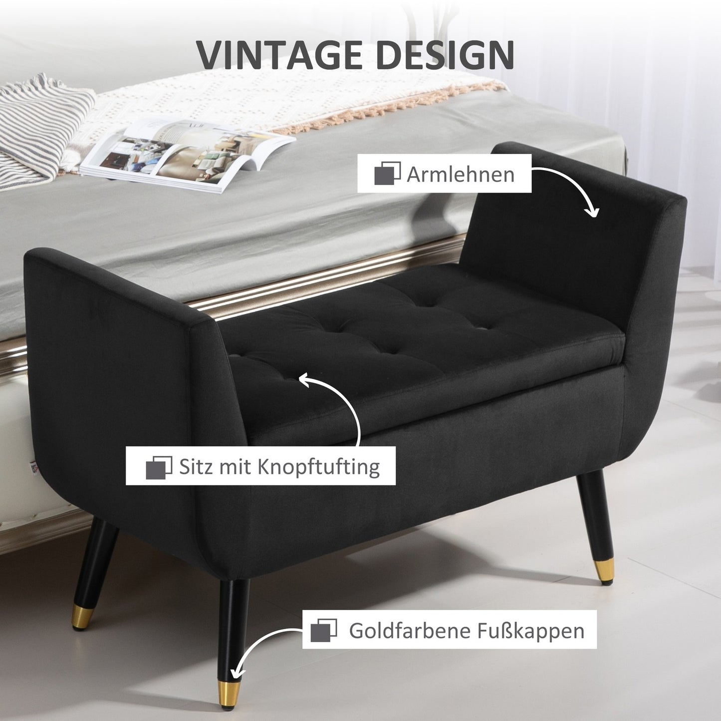 Dark gray velvet upholstered storage bench with armrests