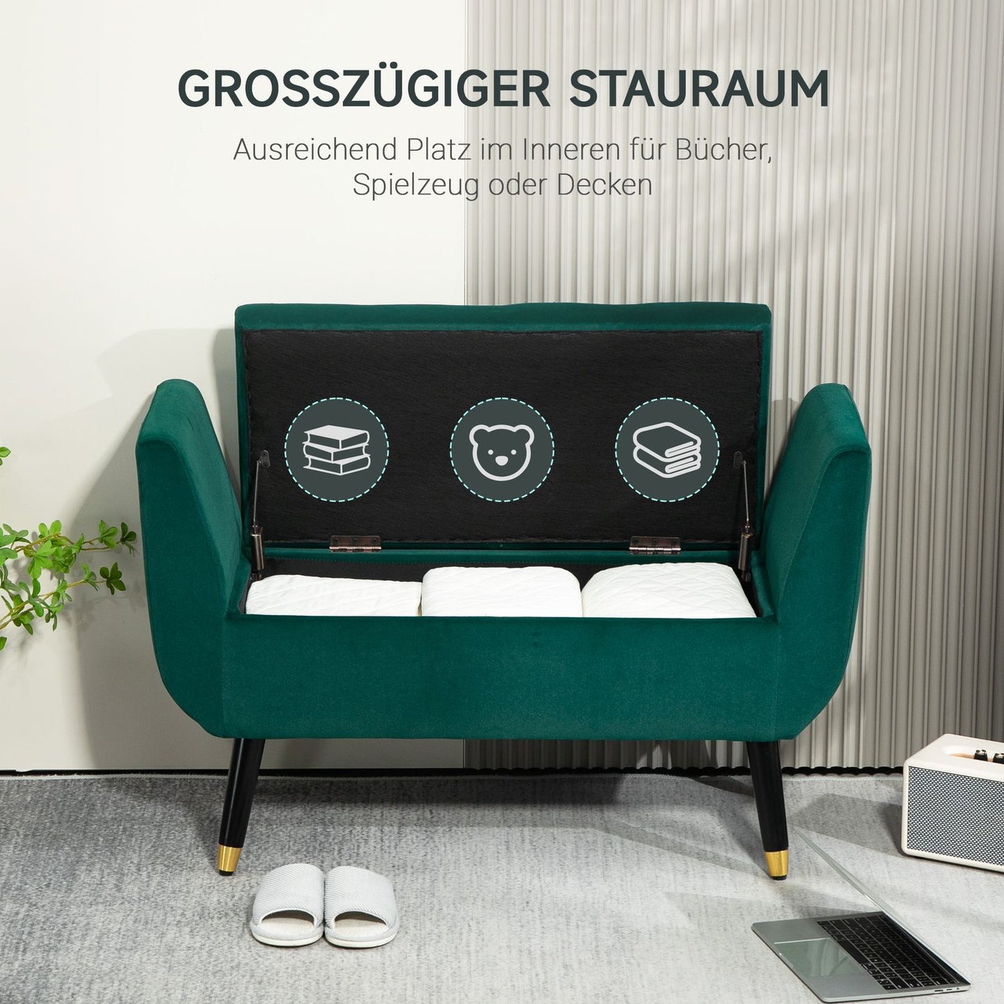 Green Velvet Storage bench with armrests - 107 x 42 x 65 cm