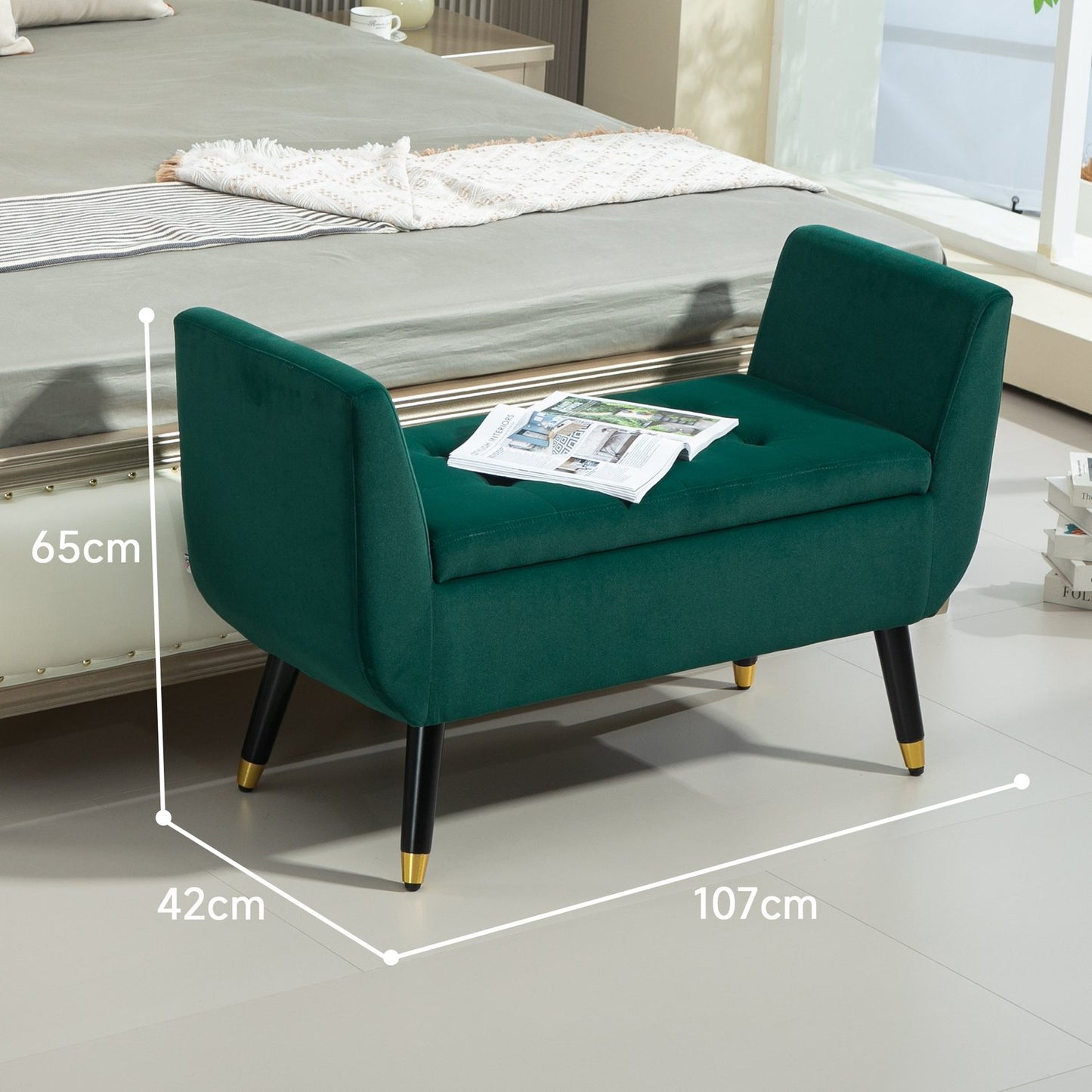 Green Velvet Storage bench with armrests - 107 x 42 x 65 cm
