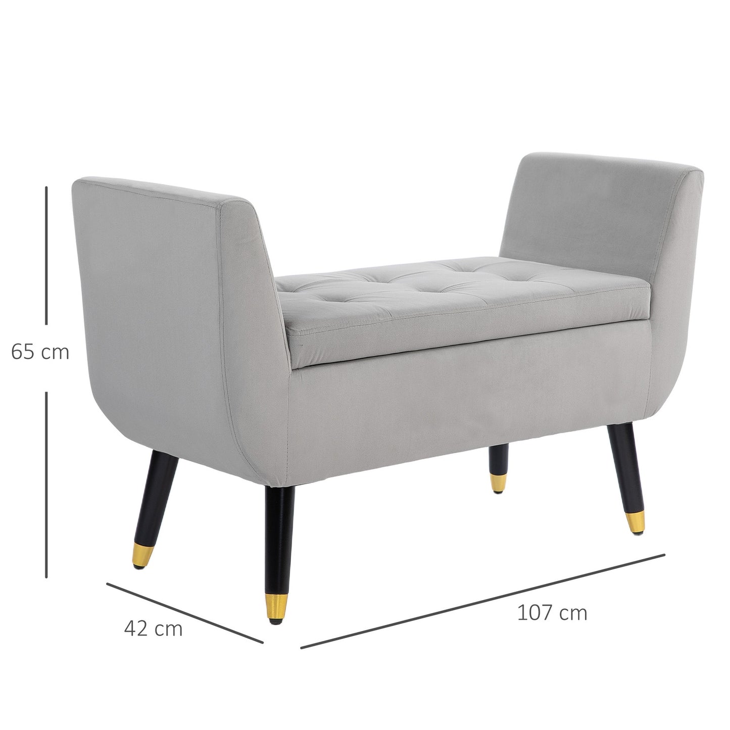 Luxuriously upholstered storage bench, armrests, light grey
