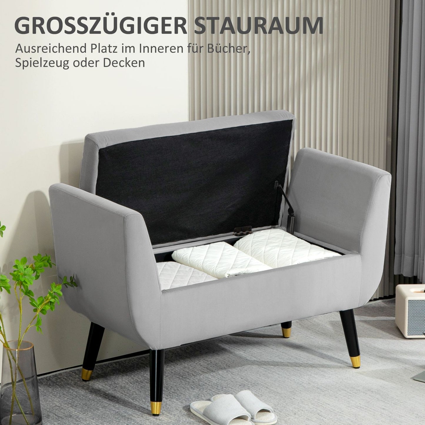 Luxuriously upholstered storage bench, armrests, light grey