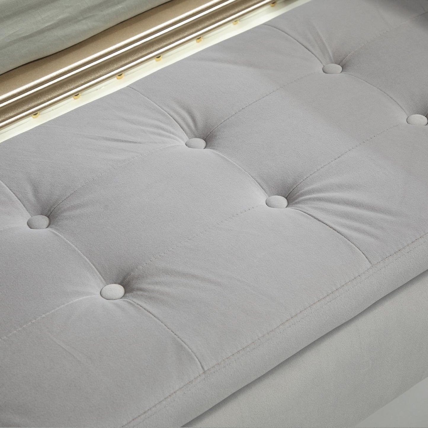 Luxuriously upholstered storage bench, armrests, light grey