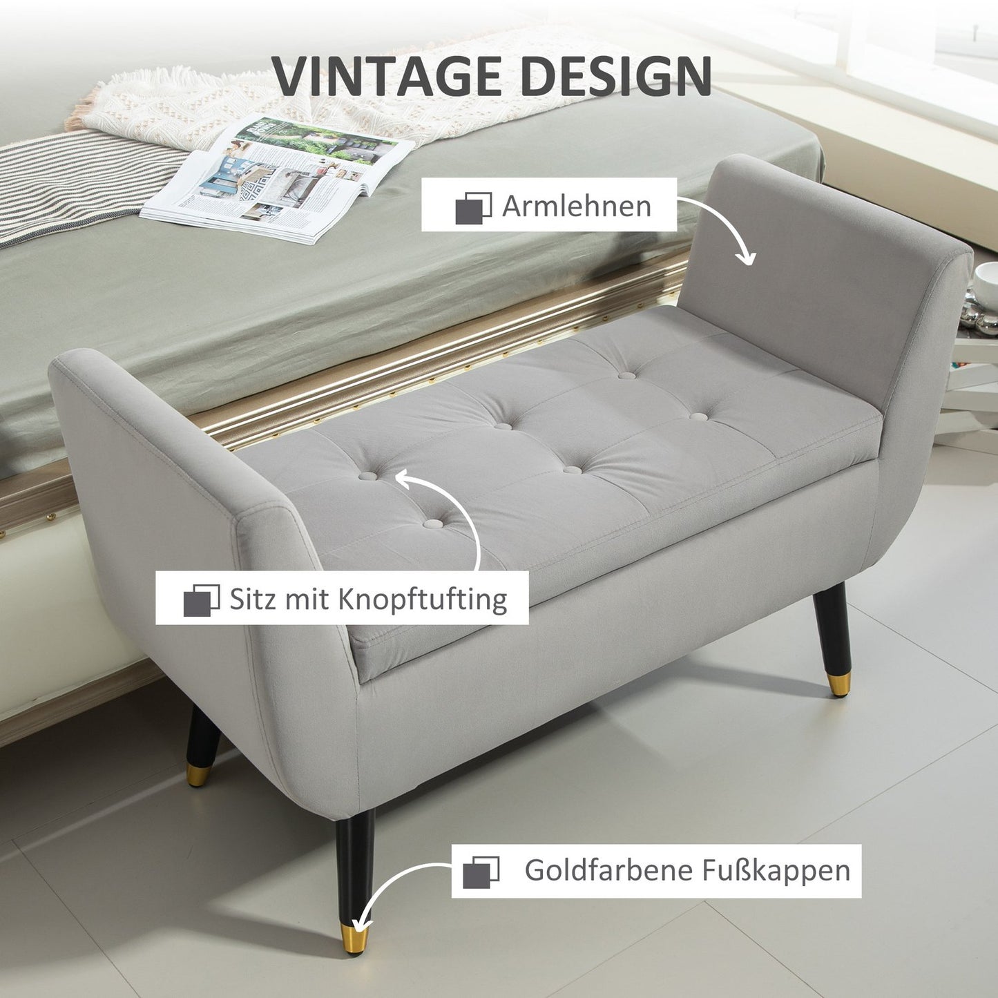 Luxuriously upholstered storage bench, armrests, light grey