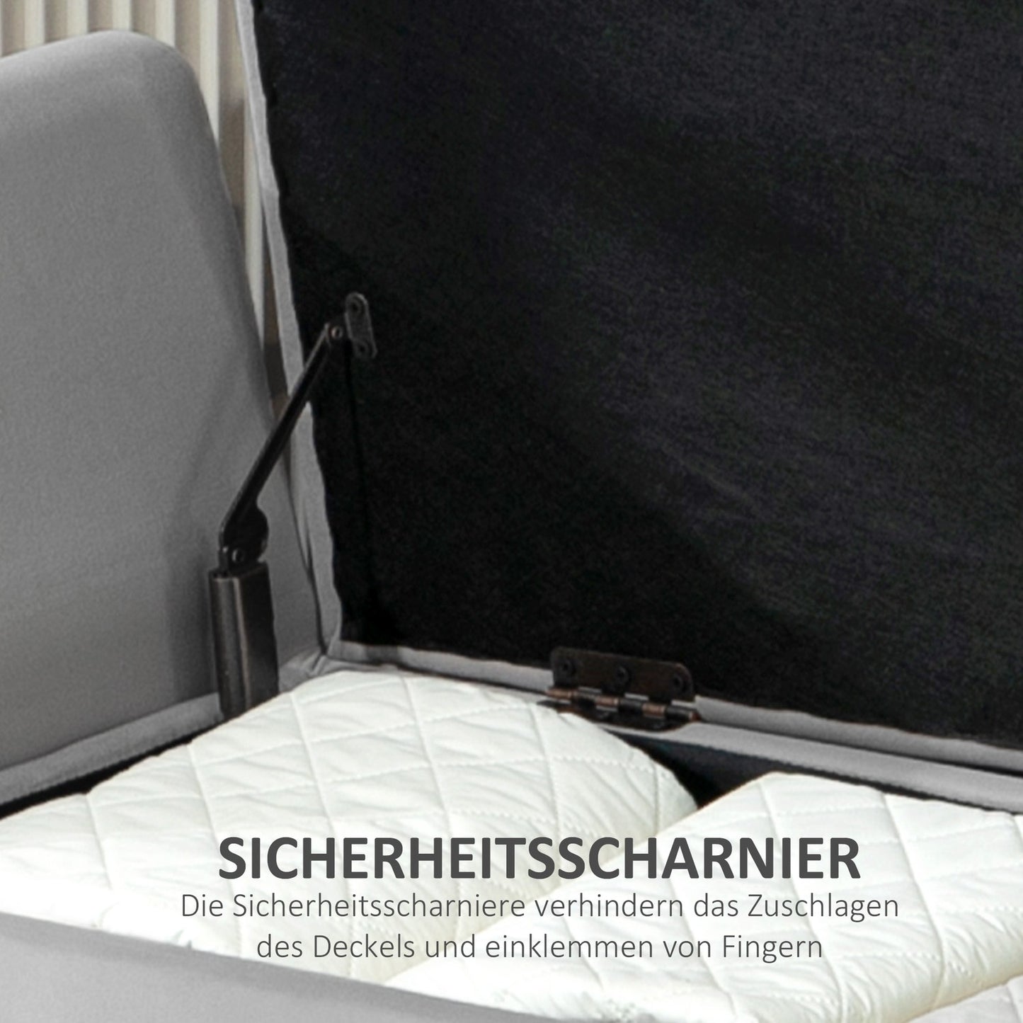 Luxuriously upholstered storage bench, armrests, light grey