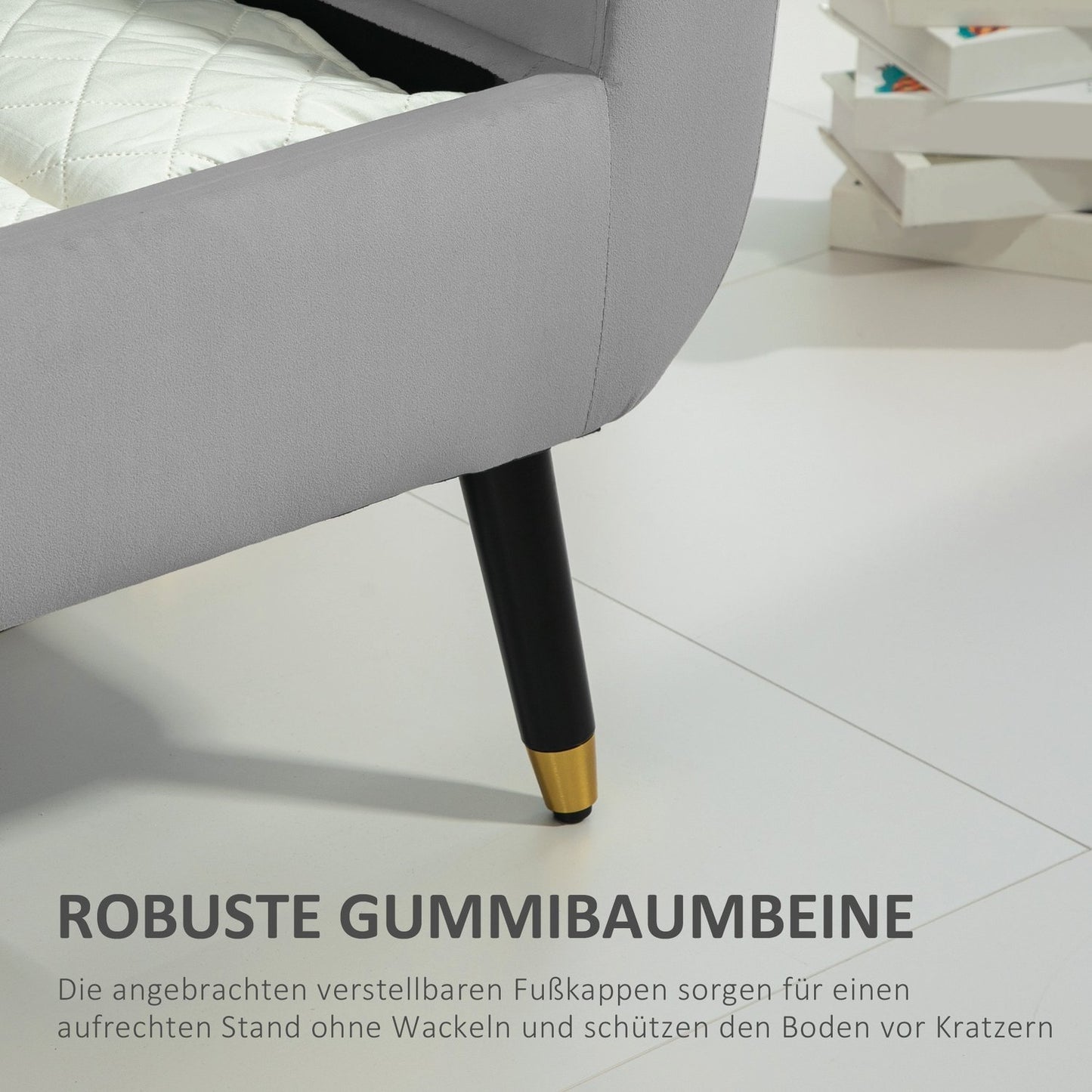 Luxuriously upholstered storage bench, armrests, light grey