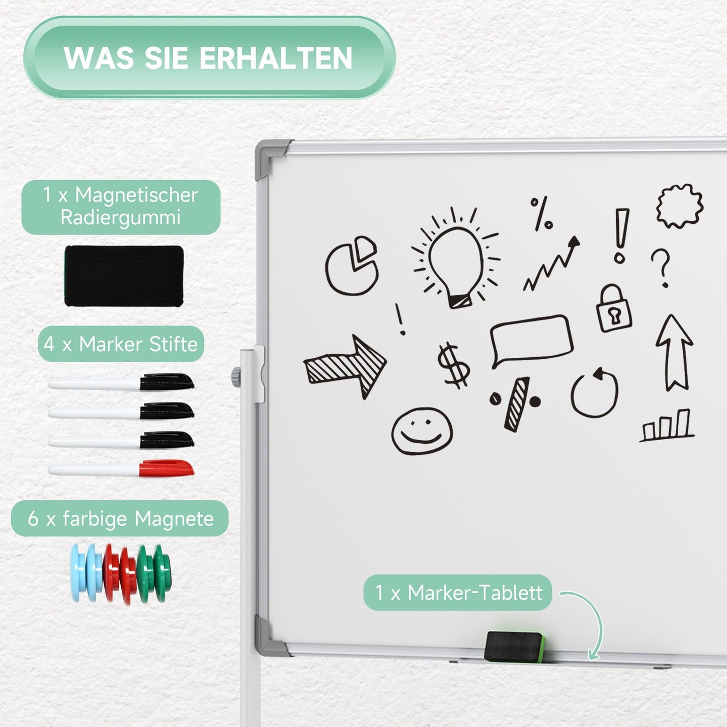 Double-sided whiteboard 120x90 cm with stand & wheels