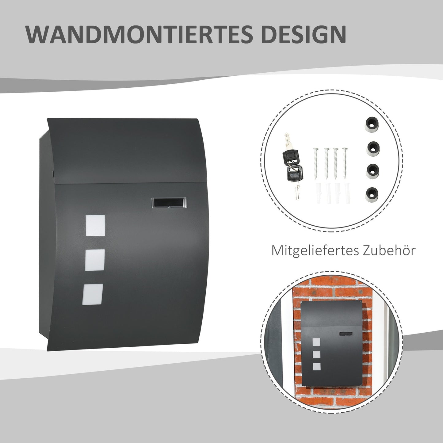 Locking wall mailbox with lid, viewing window - dark grey