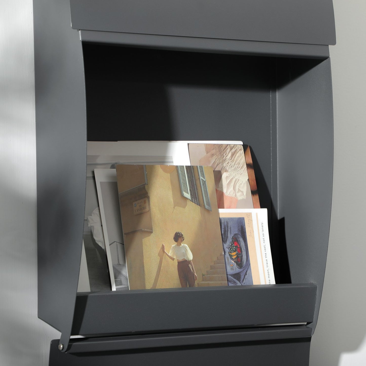 Locking wall mailbox with lid, viewing window - dark grey
