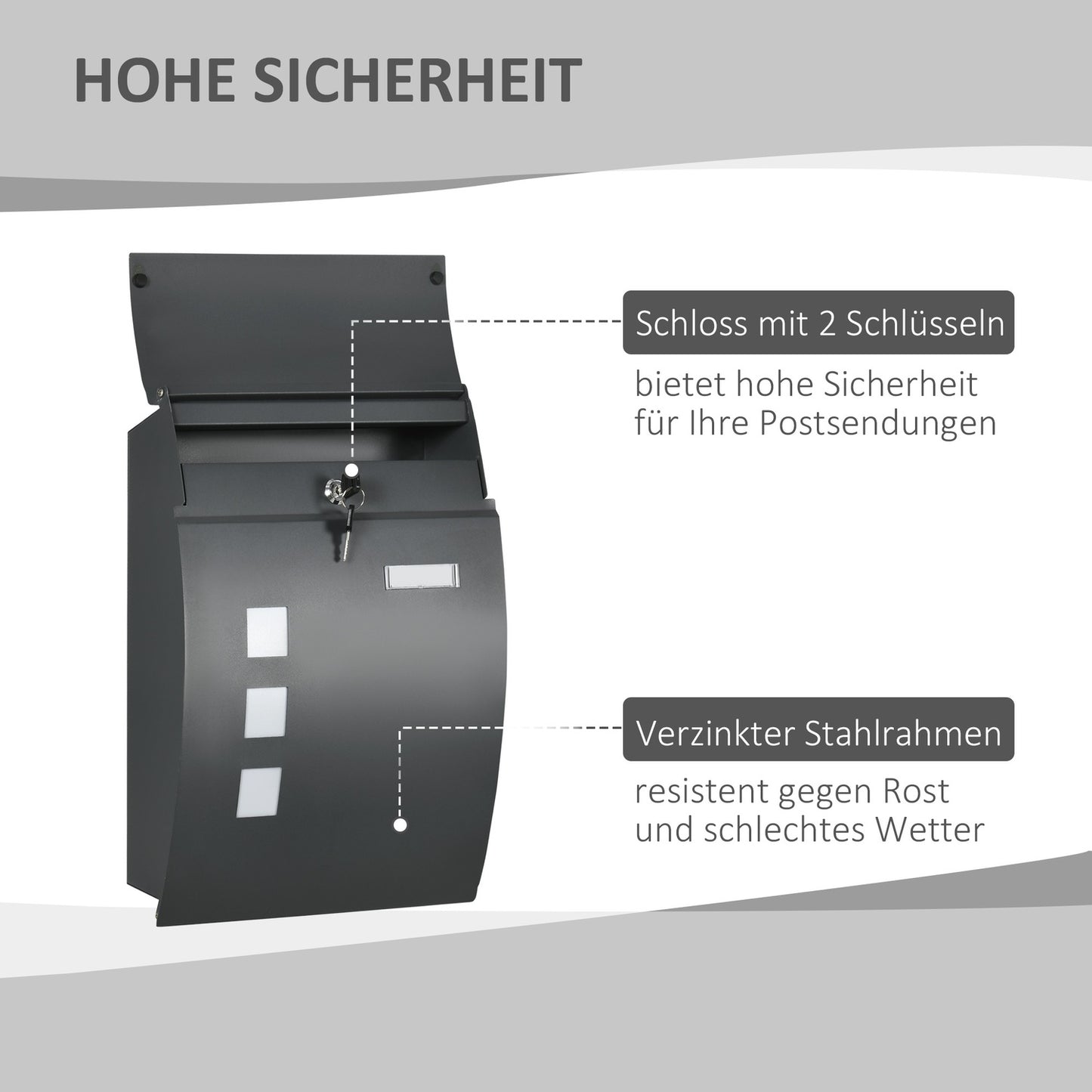 Locking wall mailbox with lid, viewing window - dark grey