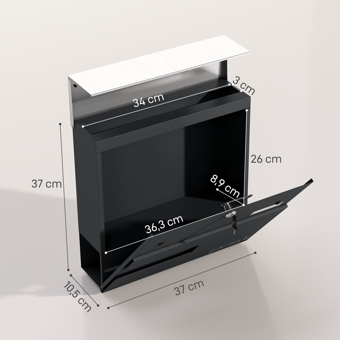 Steel wall mailbox with lock & viewing window, dark grey