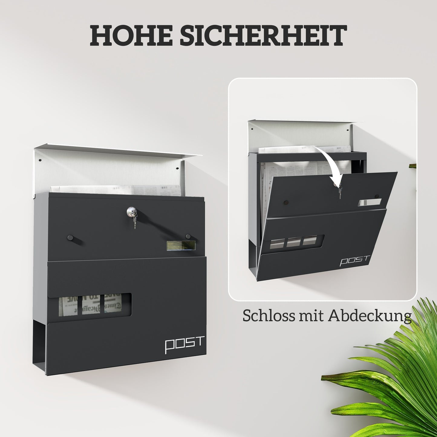 Steel wall mailbox with lock & viewing window, dark grey