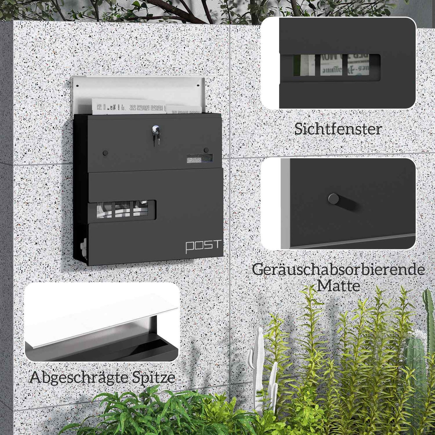 Steel wall mailbox with lock & viewing window, dark grey