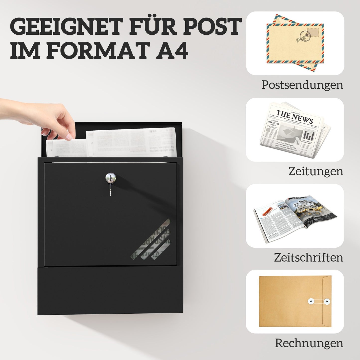 Outdoor mailbox in metal with lock, dark grey, 30x8.5x32.5 cm
