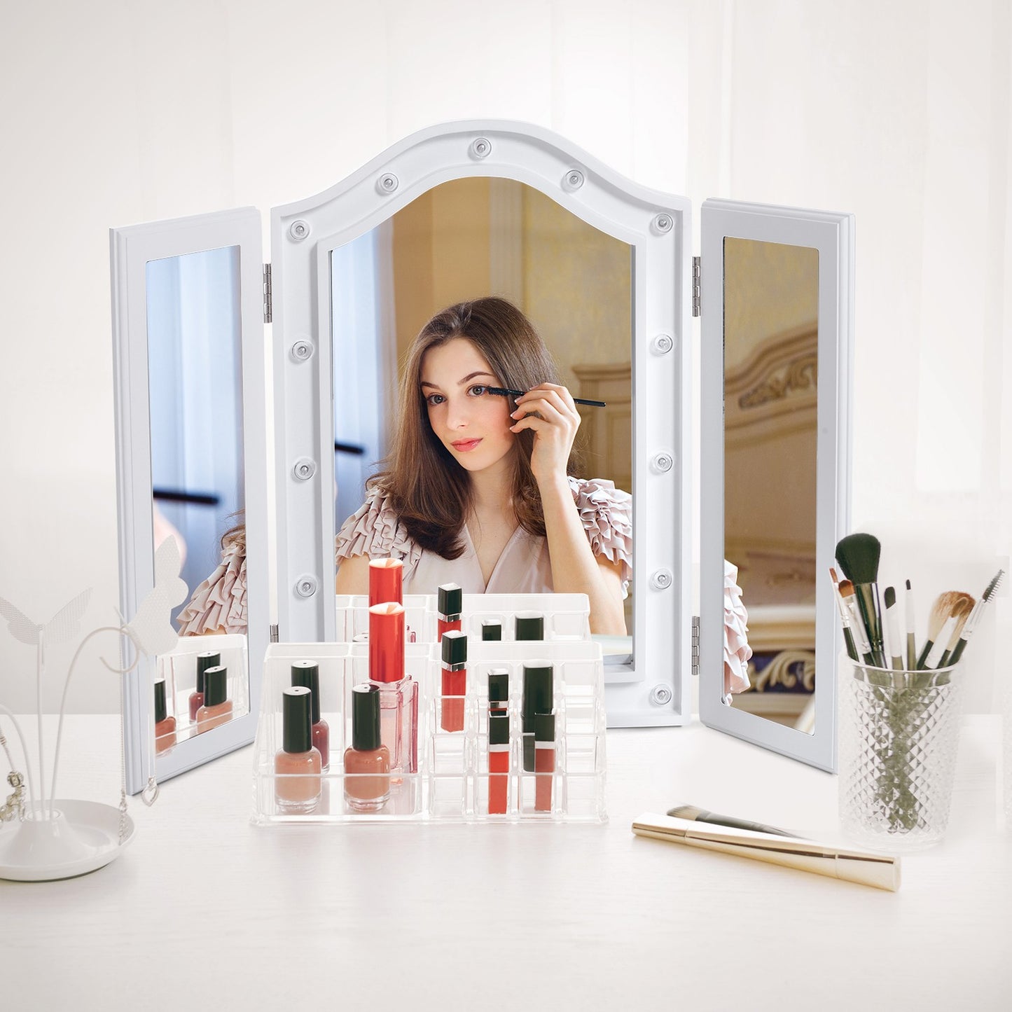 Makeup Mirror with 16 LEDs, Foldable, Battery-Powered, White