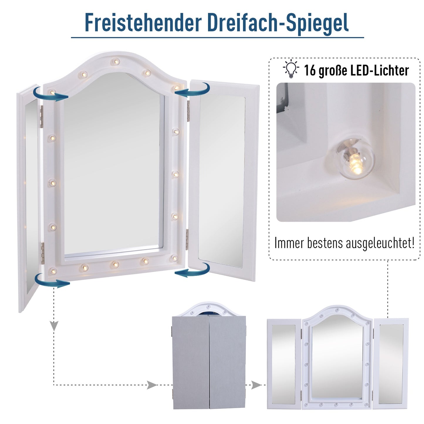 Makeup Mirror with 16 LEDs, Foldable, Battery-Powered, White