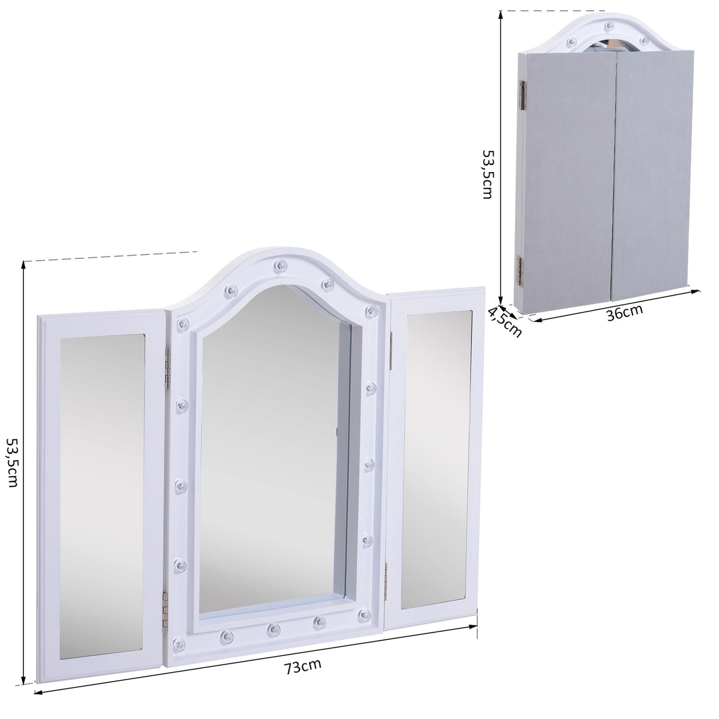 Makeup Mirror with 16 LEDs, Foldable, Battery-Powered, White