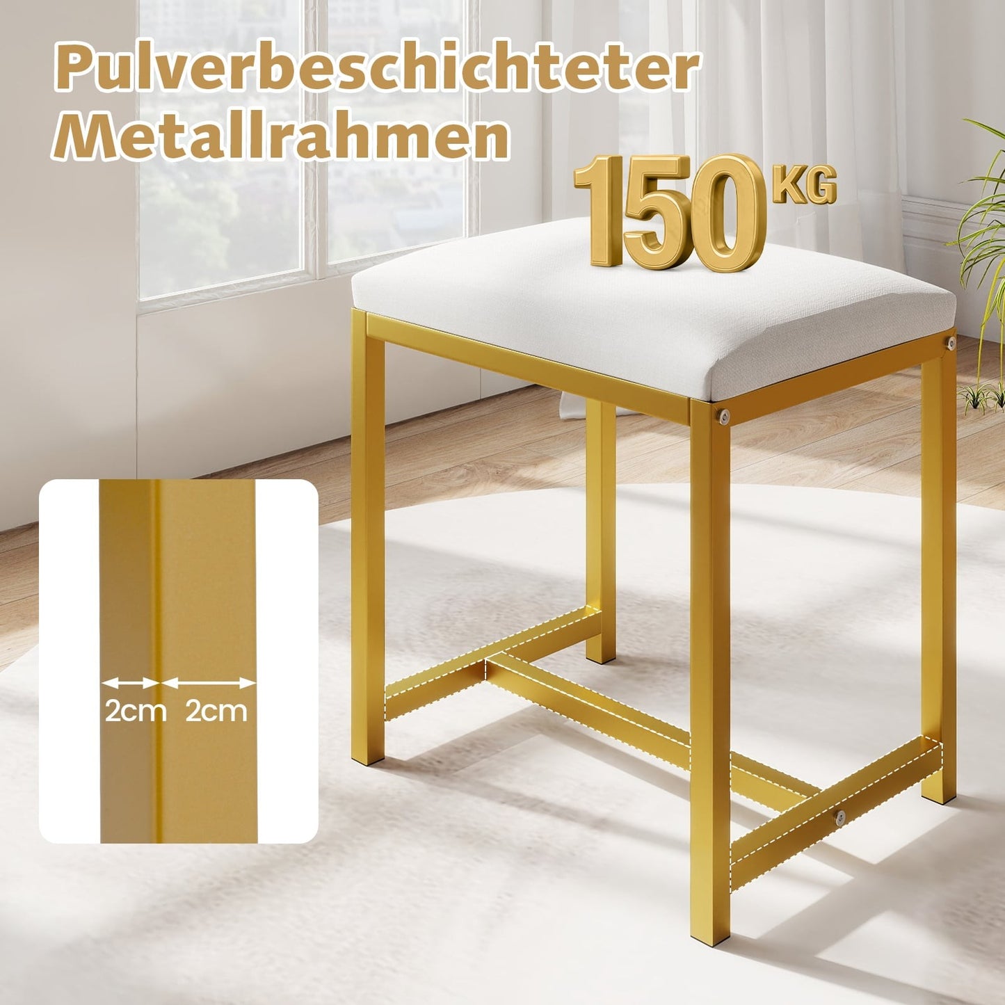 Makeup Stool with Soft Cushion, Gold Metal Legs, White