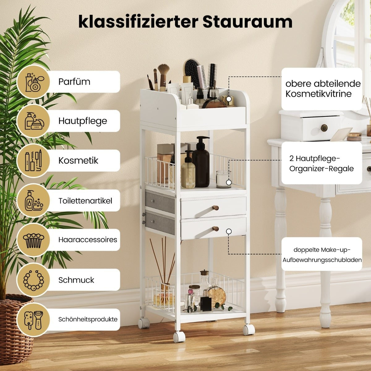 Makeup Storage Cart with Drawers and Wheels
