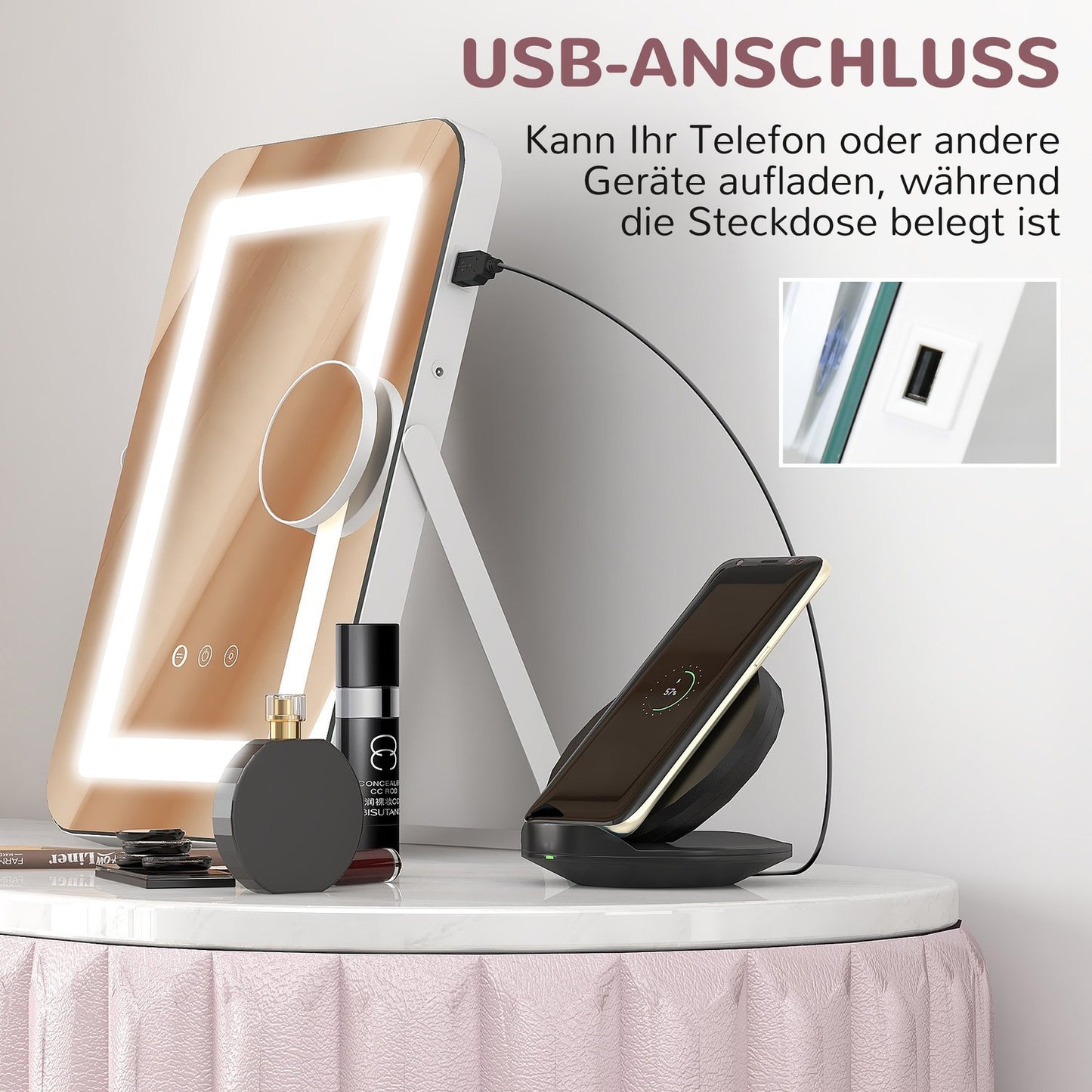 LED makeup mirror, 10X magnification, 3 bright colors, rotatable