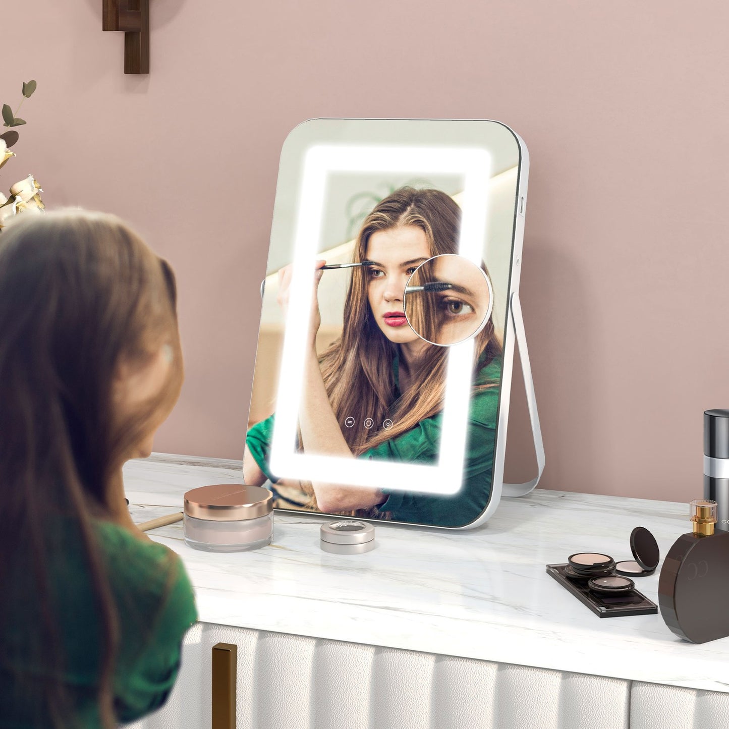 LED makeup mirror, 10X magnification, 3 bright colors, rotatable