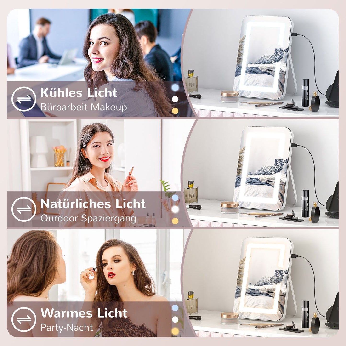 LED makeup mirror, 10X magnification, 3 bright colors, rotatable