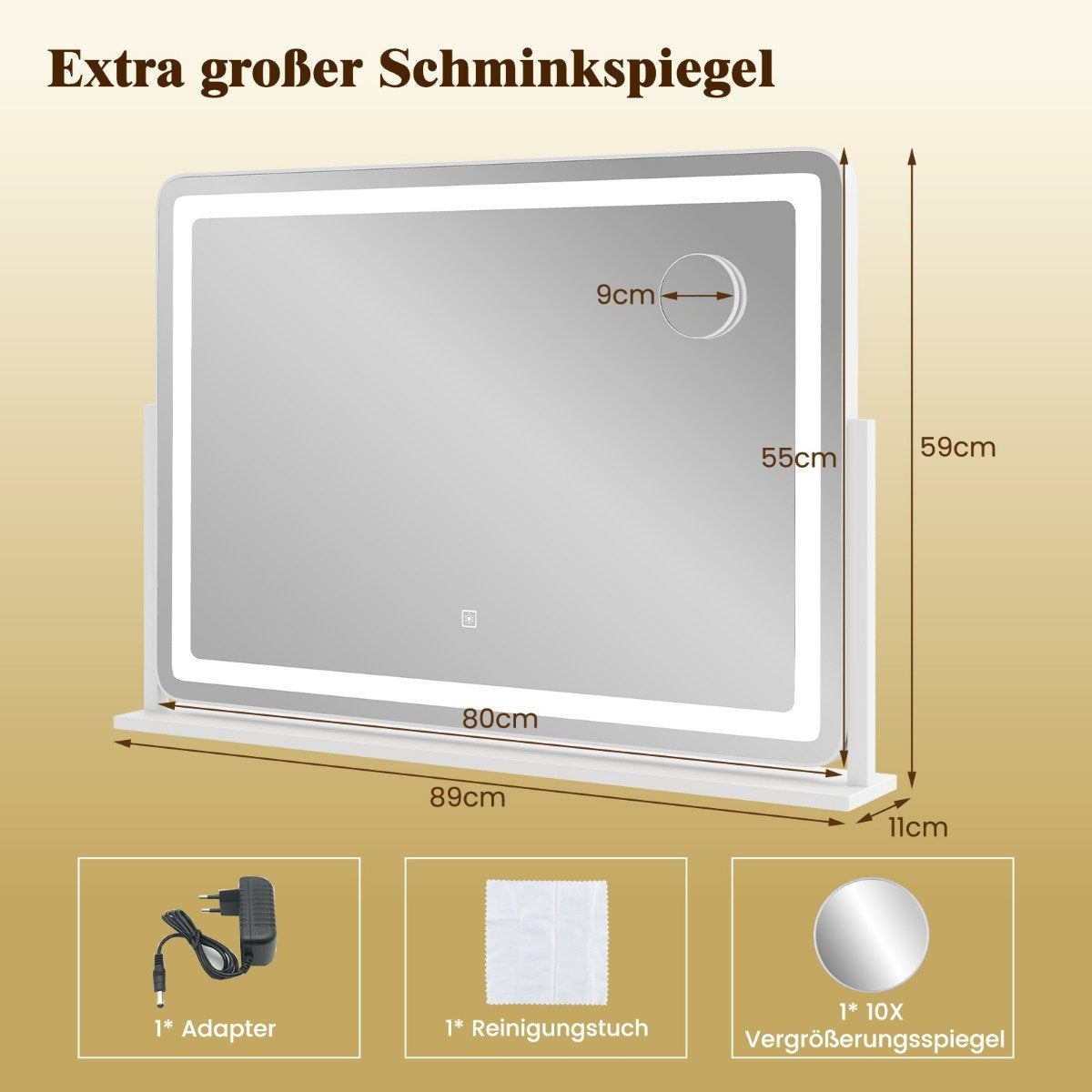 Makeup mirror with lighting, large cosmetic mirror with 10X magnification, white