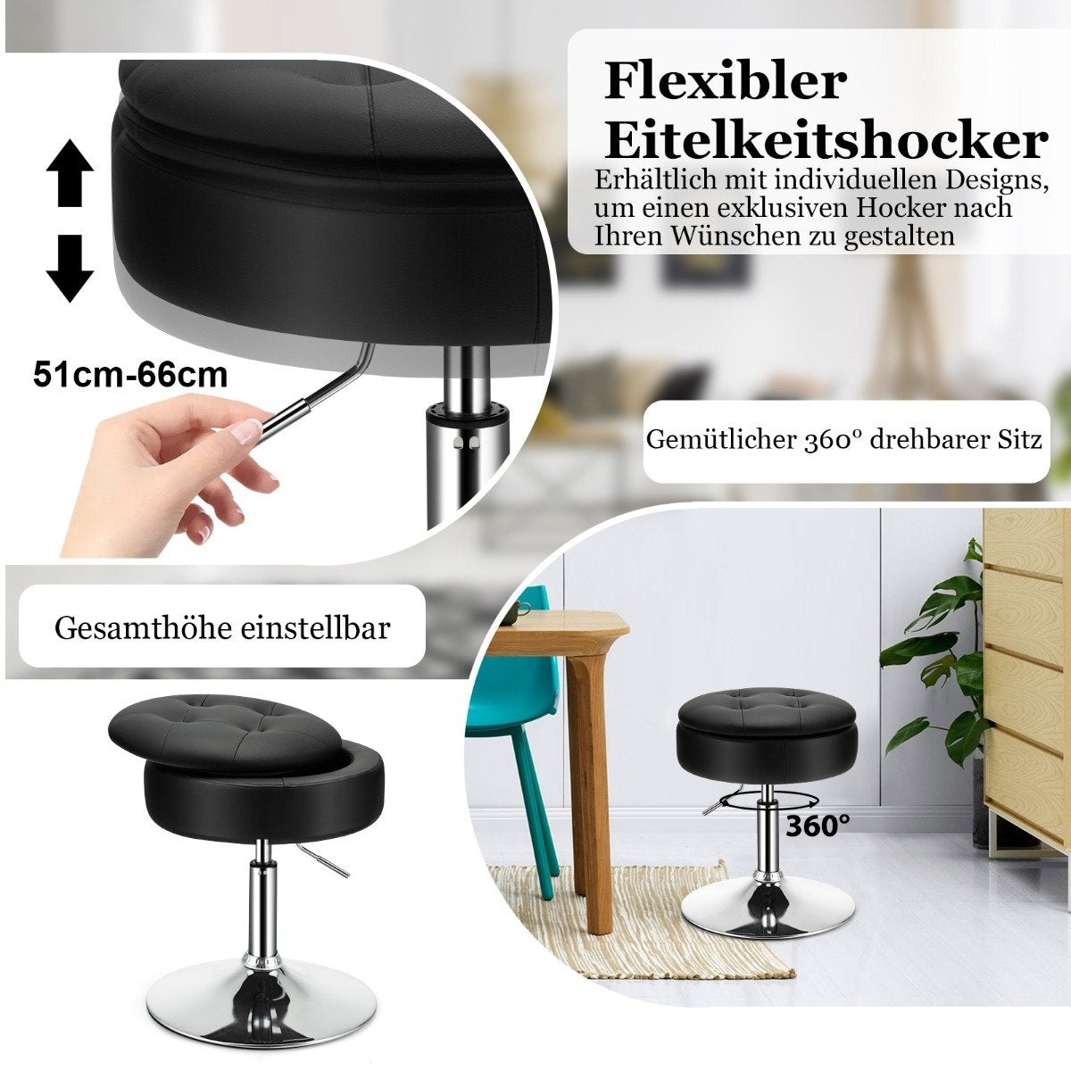 Makeup stool with storage space 360° rotating stool made of black faux leather