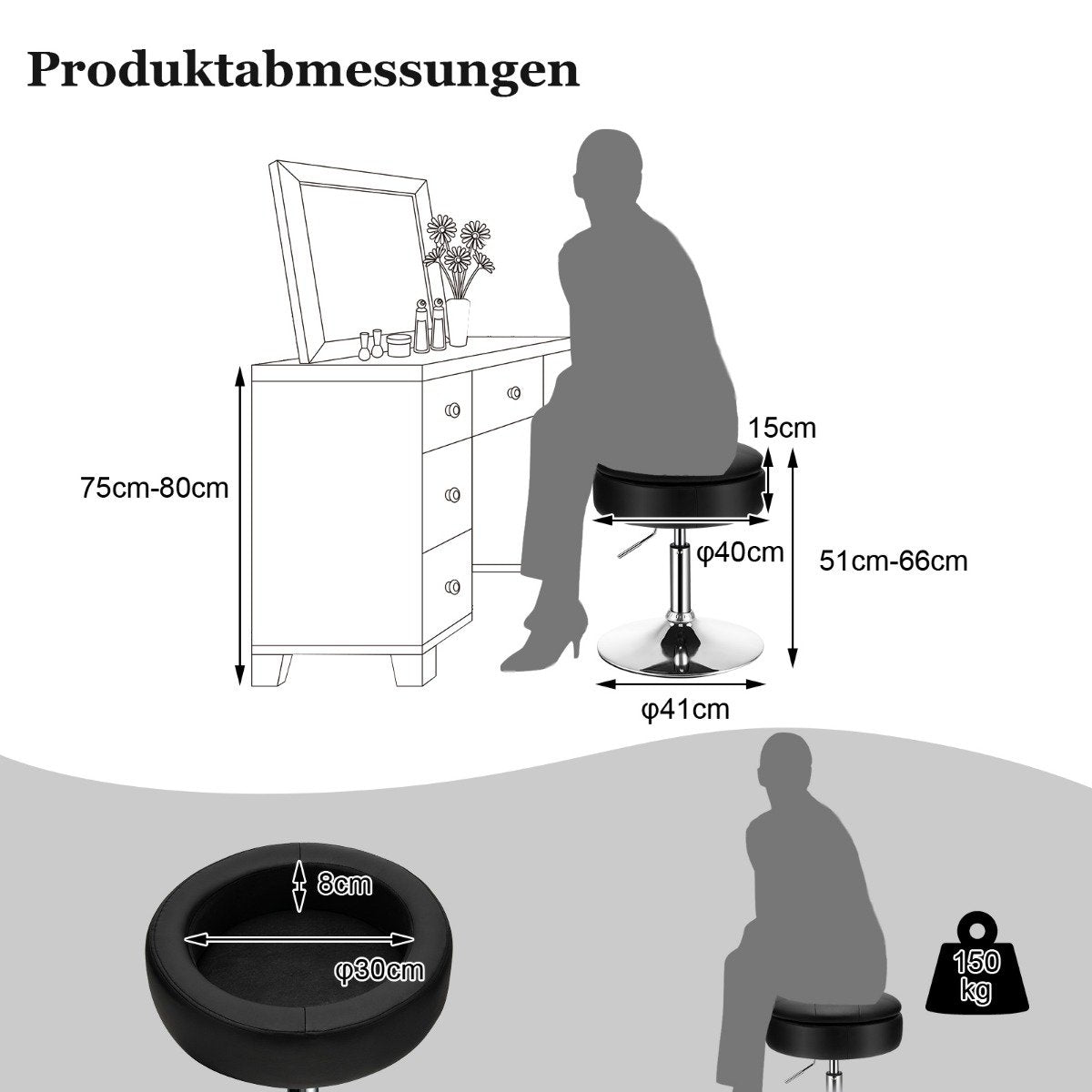 Makeup stool with storage space 360° rotating stool made of black faux leather