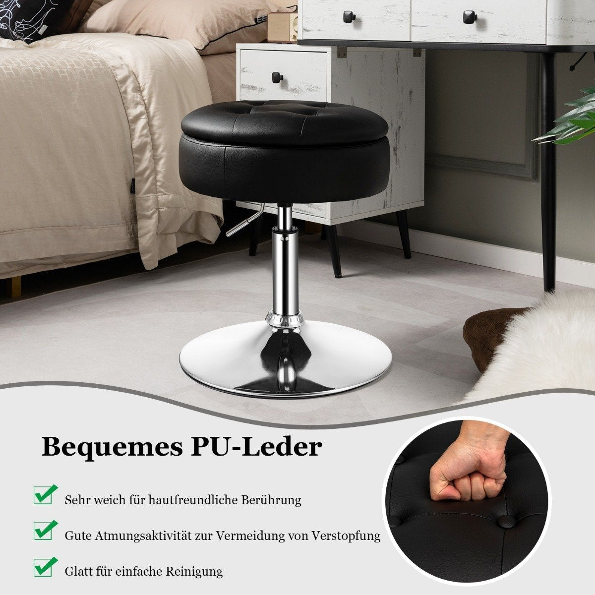 Makeup stool with storage space 360° rotating stool made of black faux leather