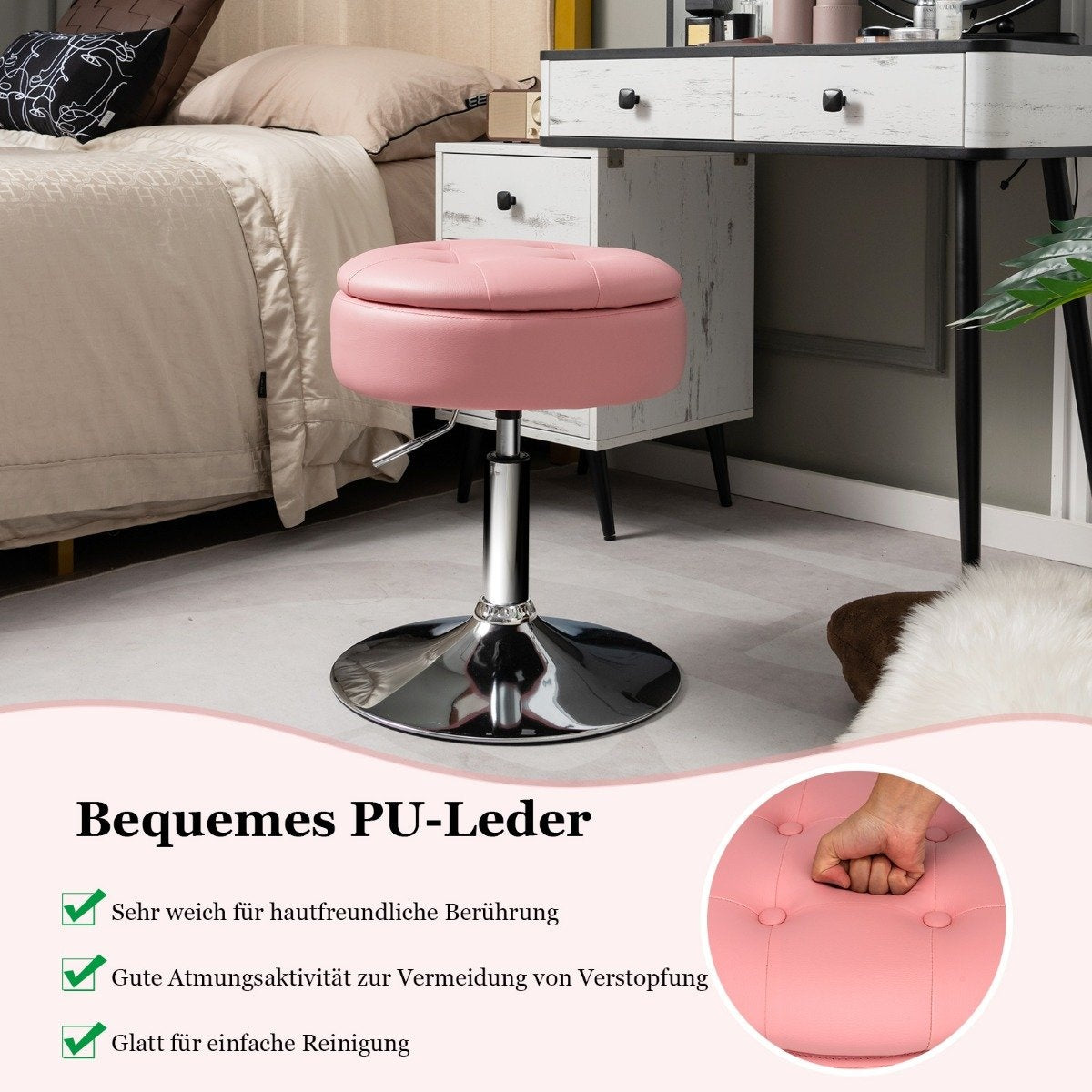 Makeup stool with storage space 360° rotating stool made of faux leather pink