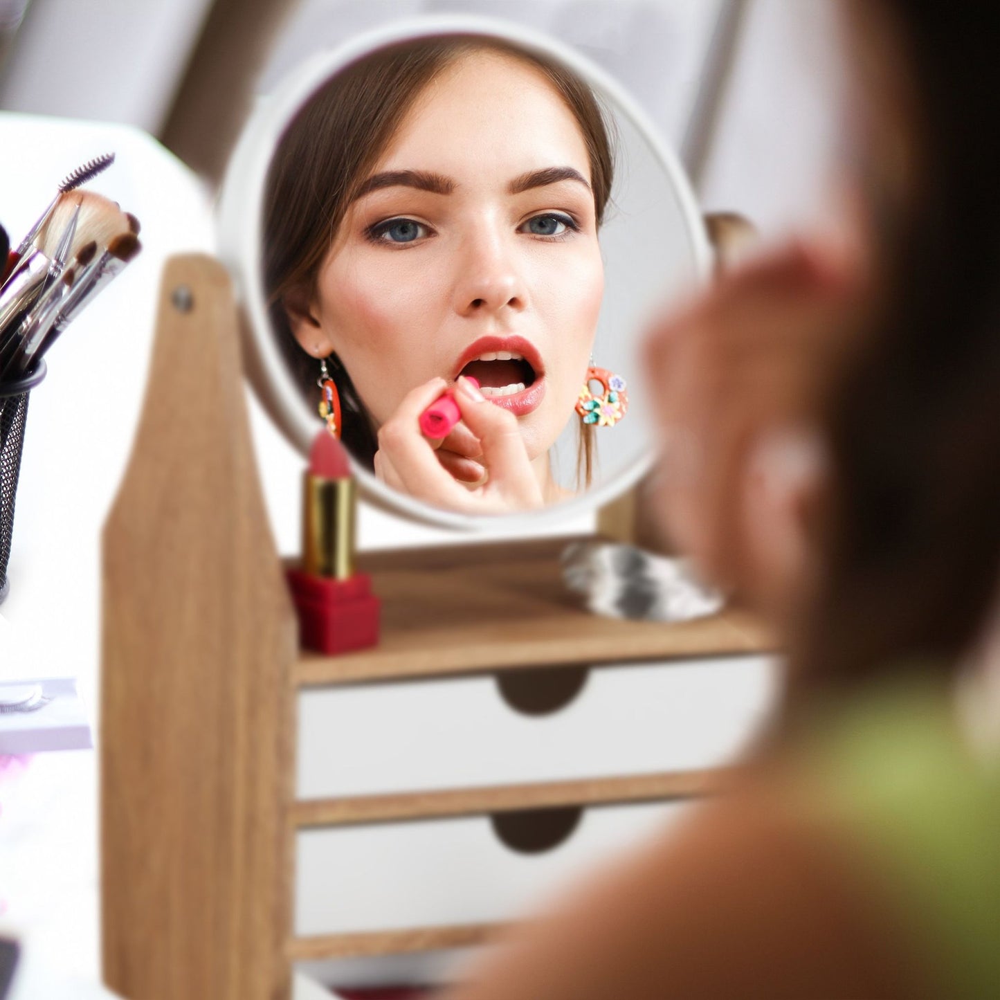 Makeup storage with mirror