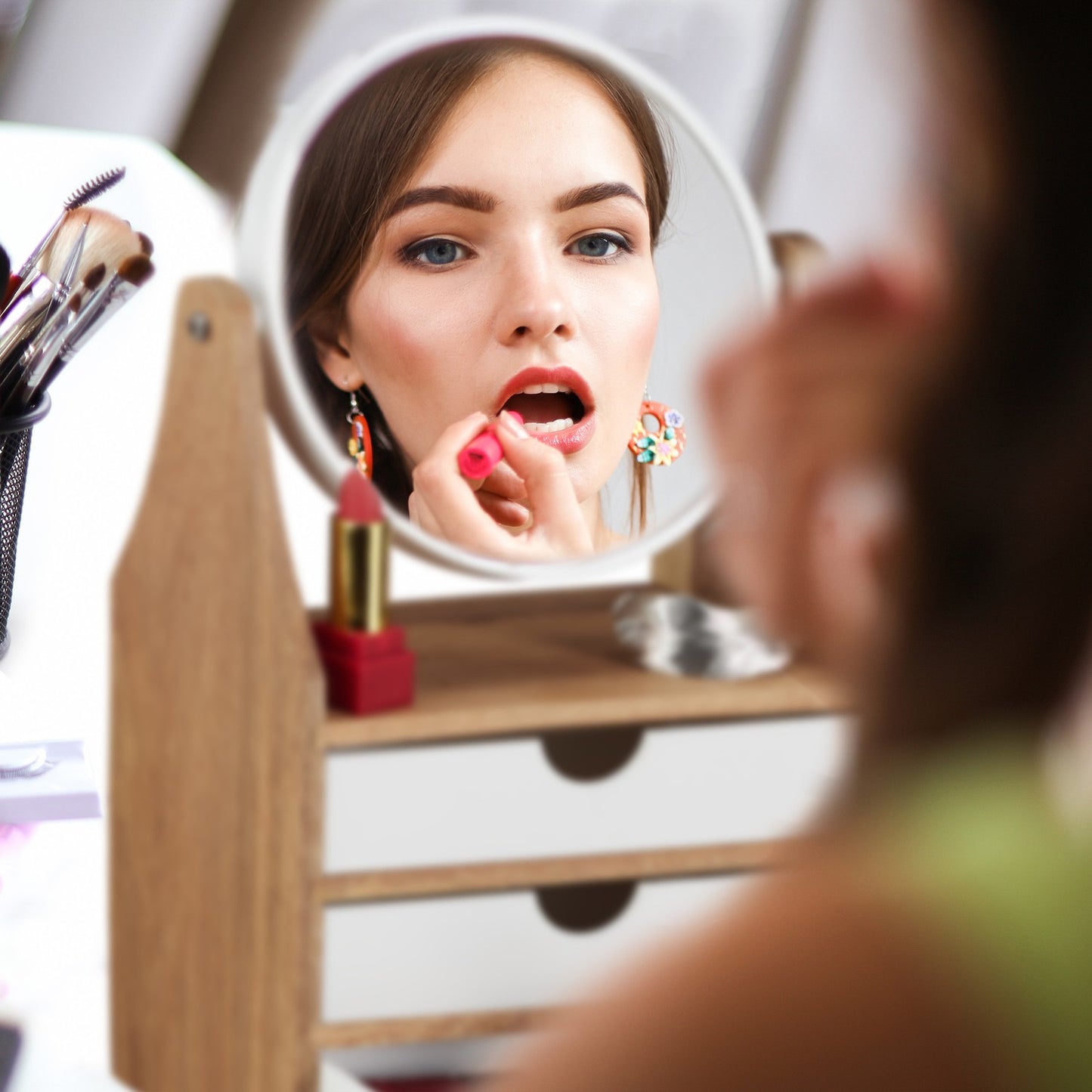 Makeup storage with mirror