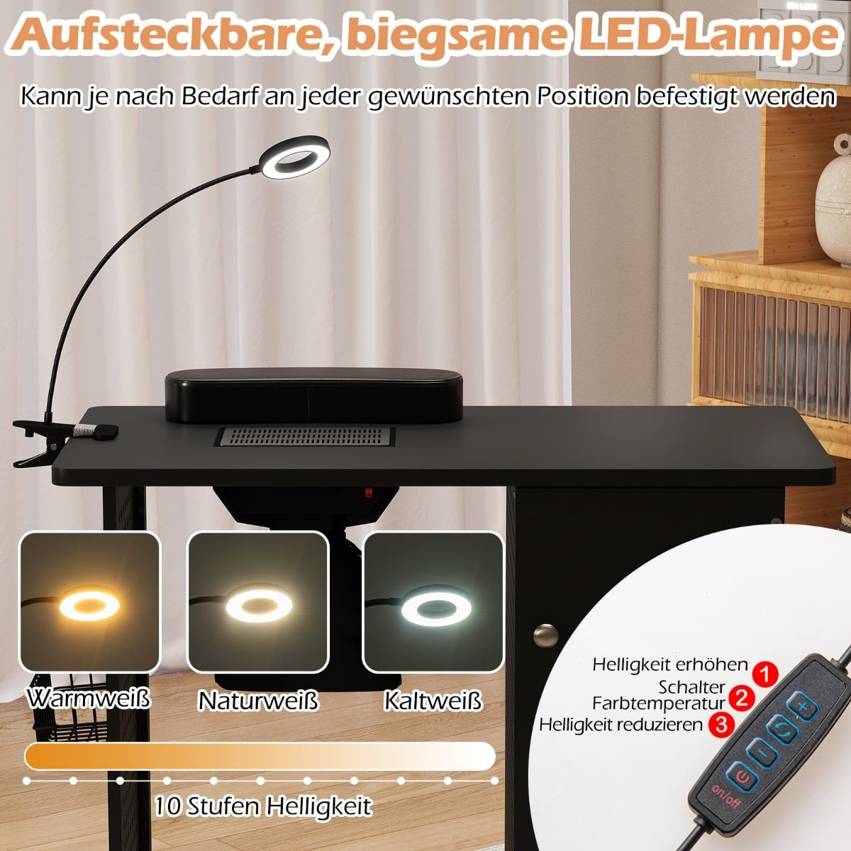 Manicure Table with Wheels, Lockable Storage & Fan