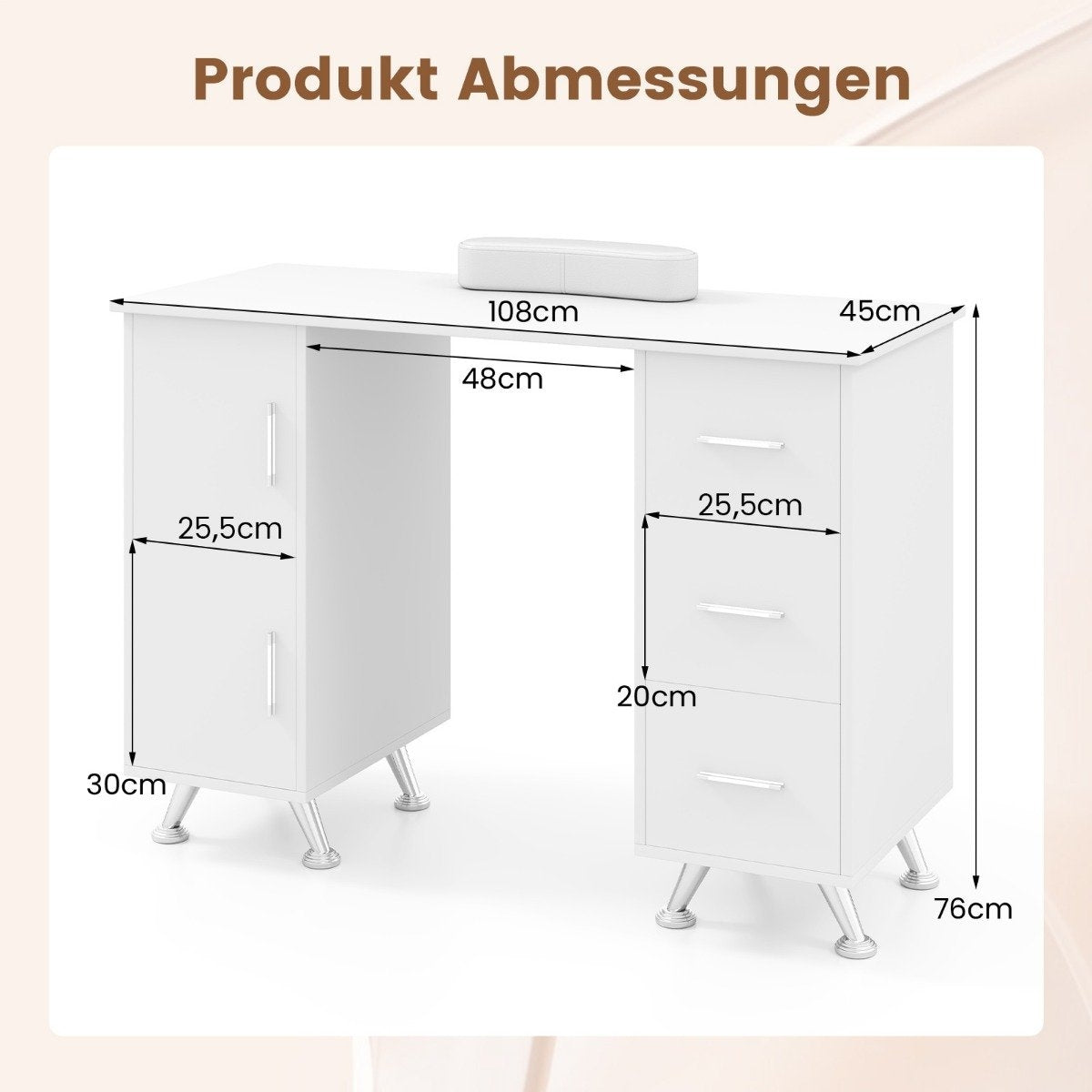 Manicure table with drawers cabinets &amp; Wrist rest manicure table white