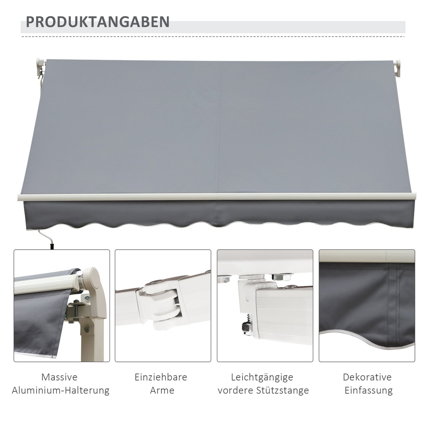 Manual Arm Awning, 4M, Sun Protection, Wall Mount, White/Grey