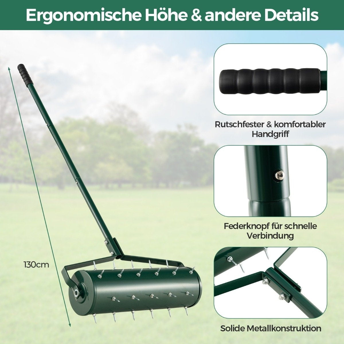 Manual Lawn Aerator Roller – 53x130 cm, 33 Spikes