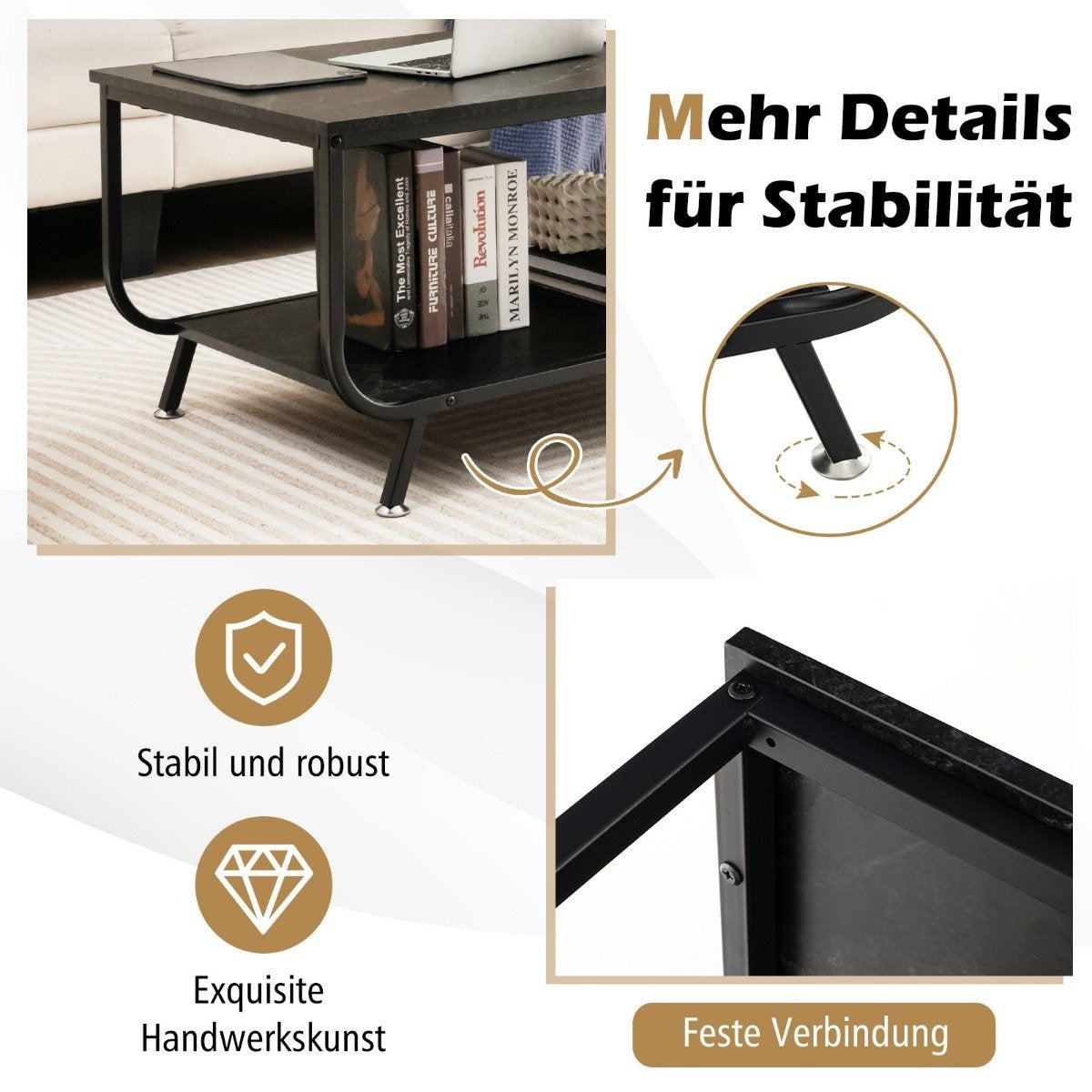 Marble coffee table Rectangular coffee table with 2 levels 105 x 55 x 46.5 cm Black