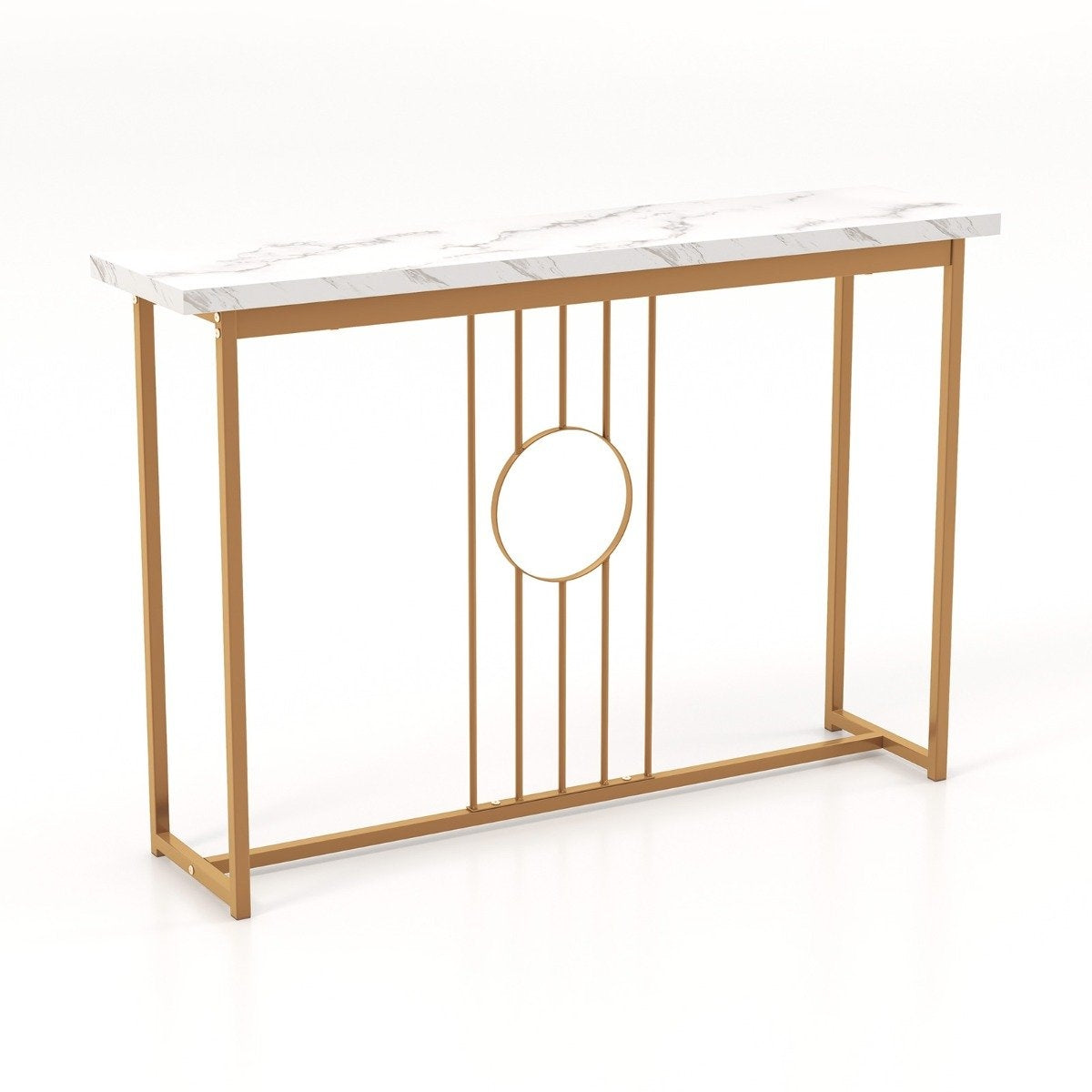 Marble look console table with metal frame & adjustable foot pads. Narrow side table
