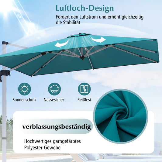 Market umbrella with cross base & 360° rotation for garden and pool areas 300 x 300 cm blue