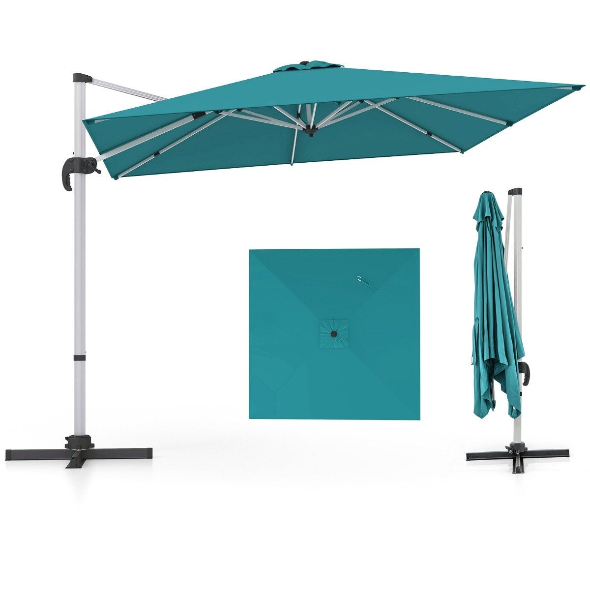 Market umbrella with cross base & 360° rotation for garden and pool areas 300 x 300 cm blue