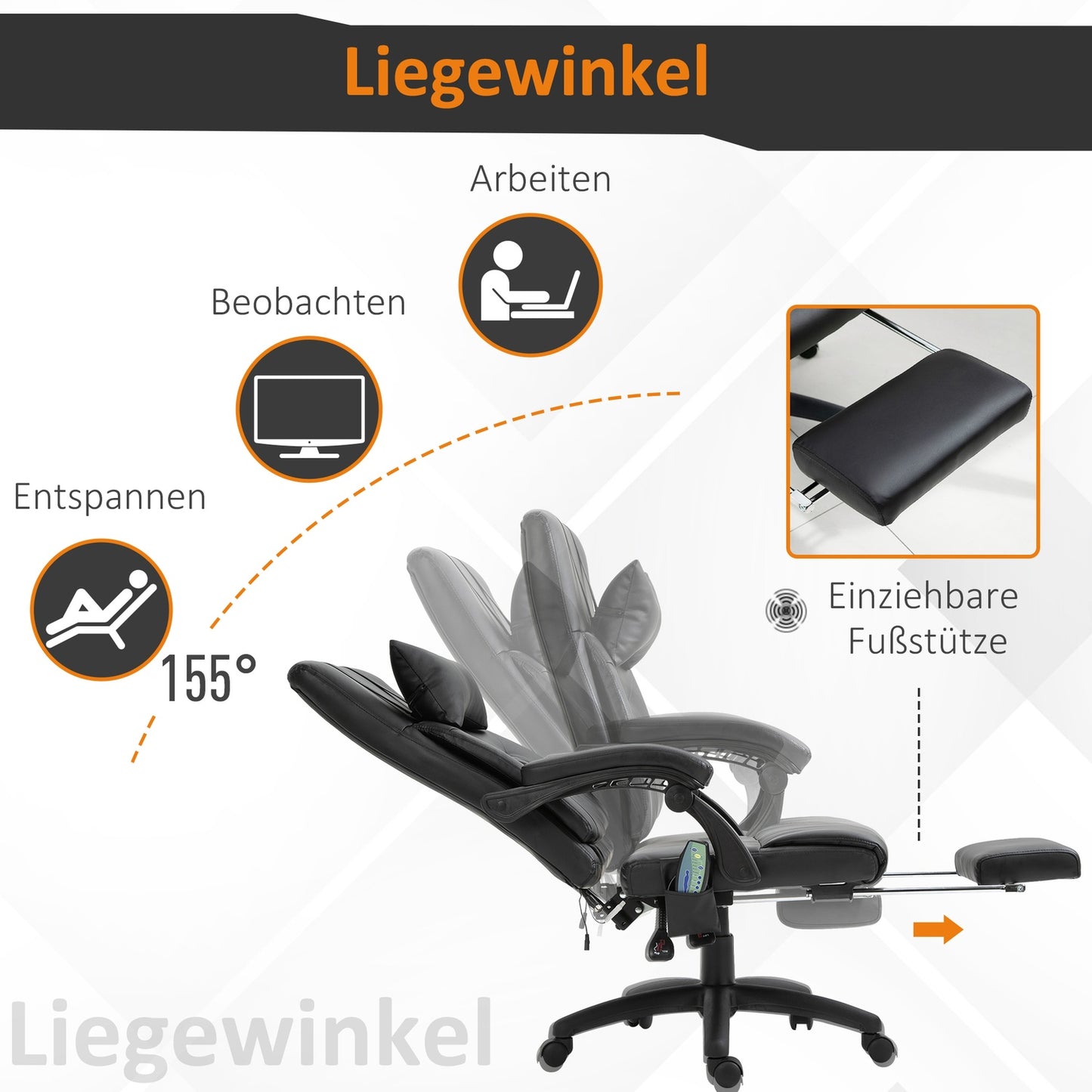 Black swivel massage chair - 7 points, adjustable footrest