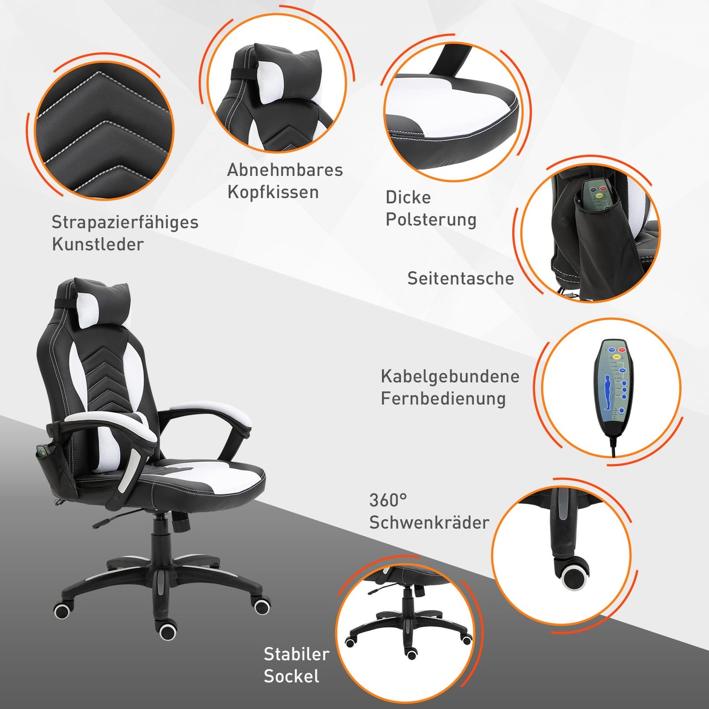 Massage Gaming Office Chair with Heat & Vibration, Black/White